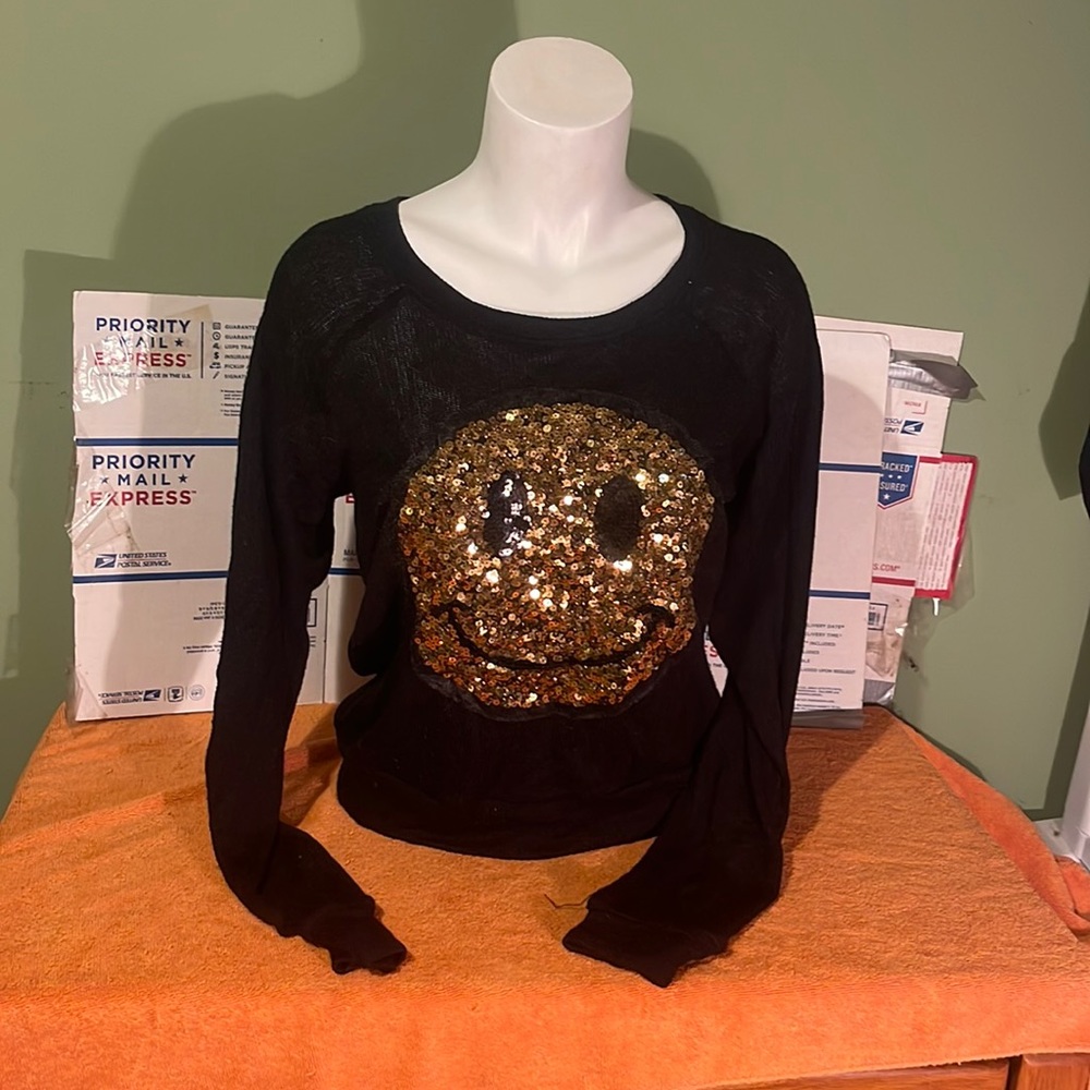 Black Smiley Sequin Loose Knit Sweater